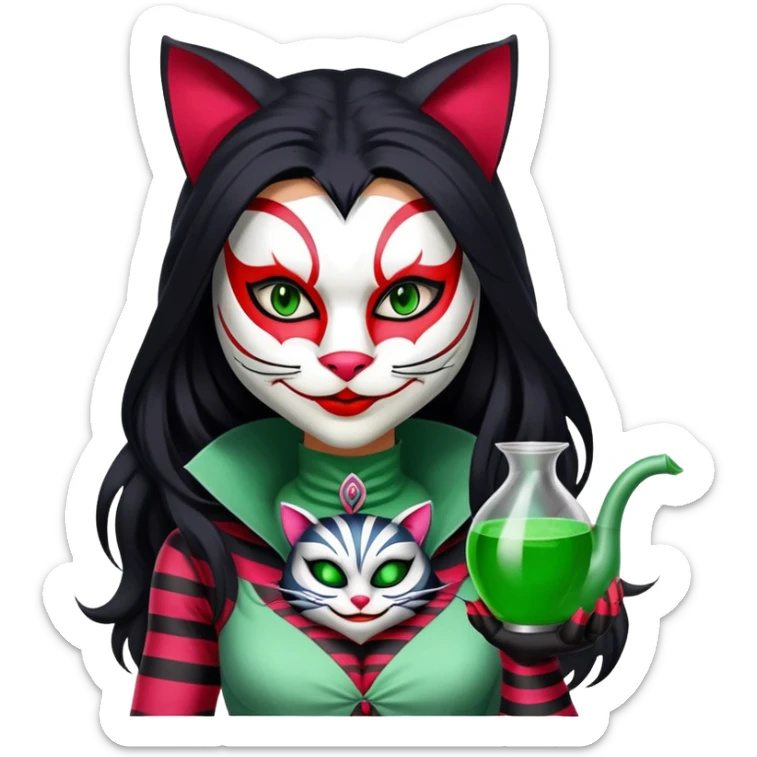 a deadly woman with tan skin, long black hair, wearing a white Cheshire cat mask with red stripes. She’s dressed in a sleek green assassin outfit and holds poison-tipped claws. sticker