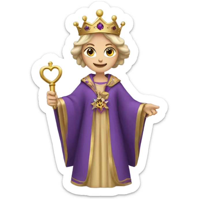 Caucasian Heidi wearing purple royal robes holding a key and wearing the crown sticker