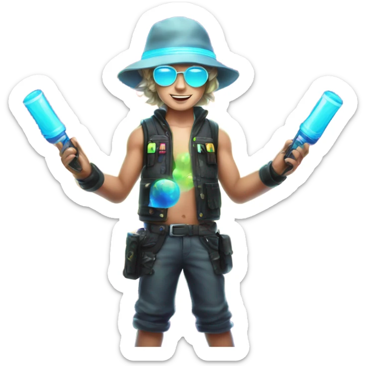 Caucasian boy at rave wearing a glowing outfit and hat with bubble guns in each hand sticker