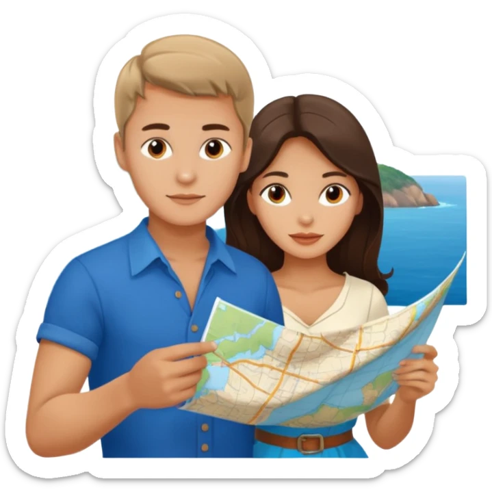 Russian young man and elegant fair-skinned Latina girl in costal outfits with a map planning  sticker