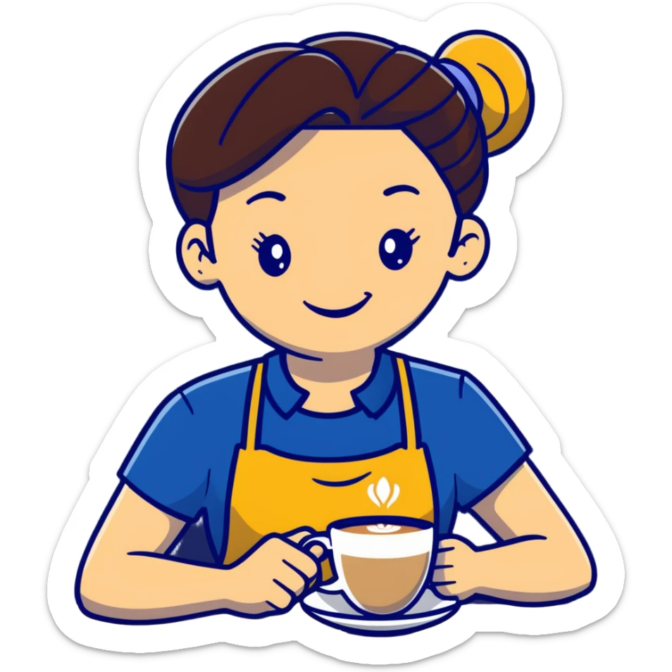 Cute brunette barista girl with hair in a bun wearing yellow shirt and dark blue apron, she's relaxed and making latte art, smiling at the coffee cup sticker