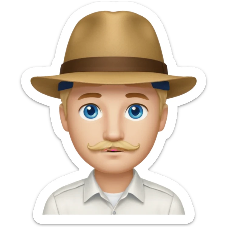 Justin Jeffre blue eyes, blonde hair and brown mustache, white shirt and hat sticker
