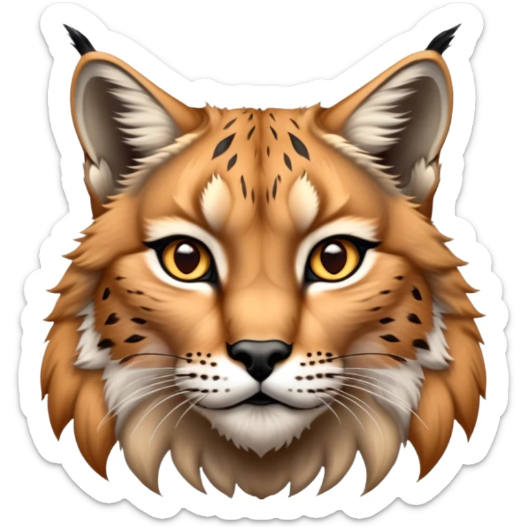 Cinematic-Noble realistic-Lynx-Portrait-Emoji – Poised and regal, with a strong, agile build and a strikingly patterned fur of warm tawny fur accented by bold black ear tufts, deep-set, intelligent amber eyes, simplified yet sharp and sophisticated. zoomed out to show shoulders sticker