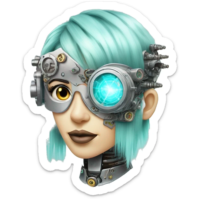 Pastel aqua hair female cyborg head with silver steampunk goggles, goatee and circuits sticker