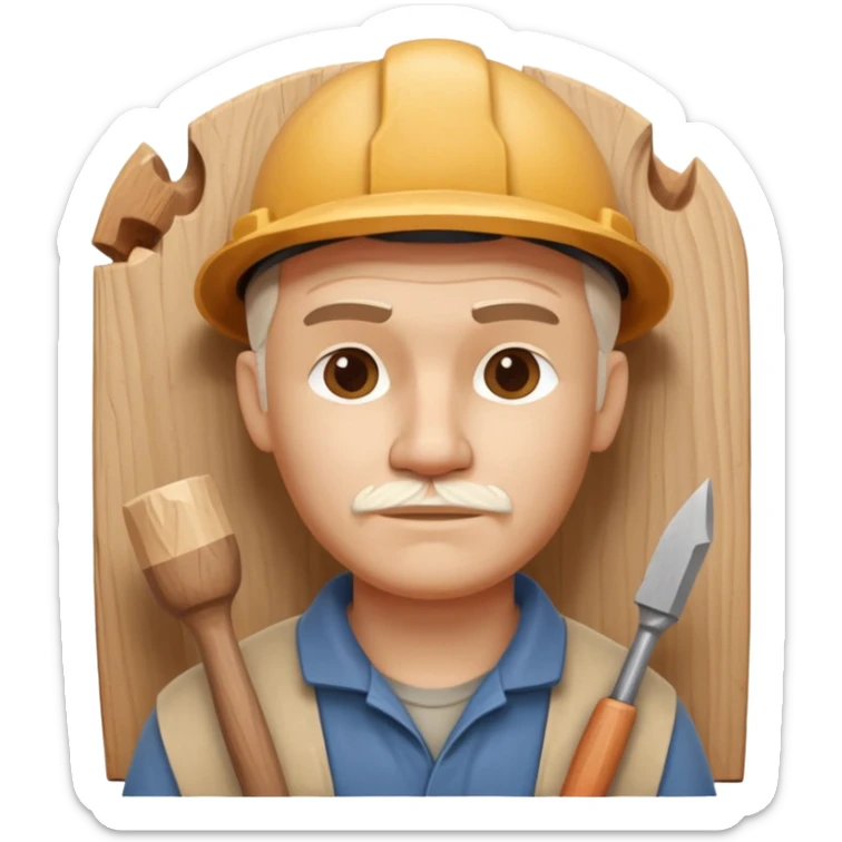 wood carving carpenter portrait, head and shoulders only, carving wooden figure with chisel, wood shavings visible, focused craftsman expression, artisan workshop vibe, 3D cartoon style, mobile game icon style, clean background, no text, no watermark
 sticker