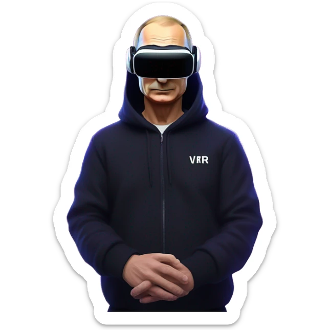 Vladimir Putin wearing a black hoodie with "OMG" letters on it and VR headset oculus quest 2 in a cyberpunk VR environment with violet neon lighting. sticker
