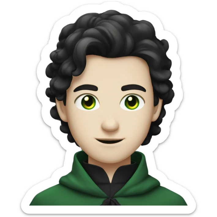 teenage white-skinned wizard with black hair, green eyes in dark green disguise sticker
