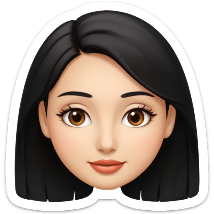 Feminine woman Softly rounded, healthy face — slightly curvy and feminine, not overweight.
Warm tan skin, brown eyes with long lashes, full glossy lips, gentle smile.
Shoulder-length black hair framing the face.
Clean, polished emoji look, soft shading, neutral background. sticker