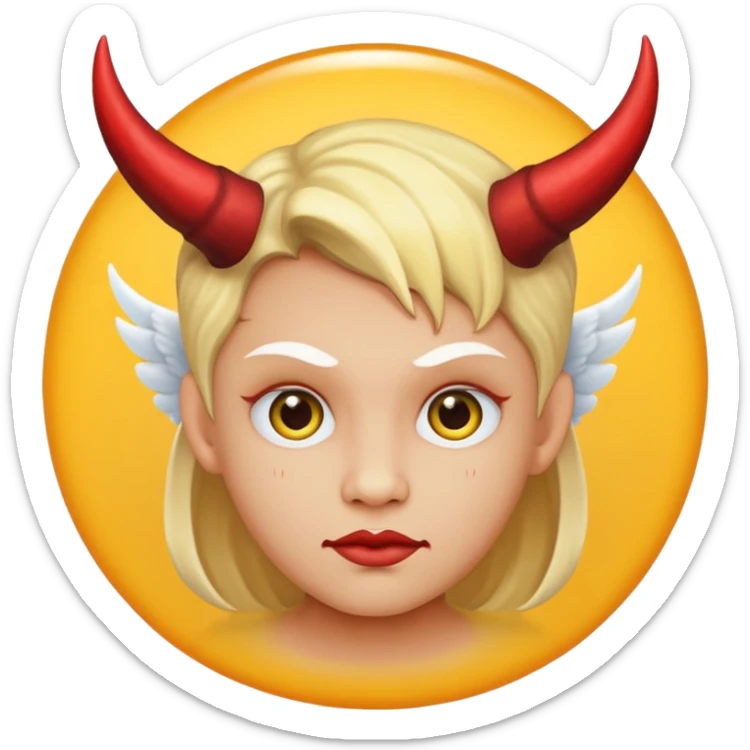 mush up the devil emoji with the angel one, I want it to be angel with devil horns, make it the classic yellow circle face sticker