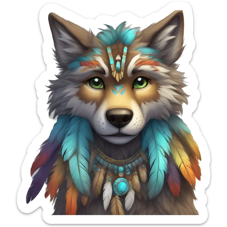 Anthro Fluffy Colorful Shy Spiritual Shamanic WereWolf-sona With Shiny Tribal Markings wearing feathers Full Body Detailed High Quality sticker