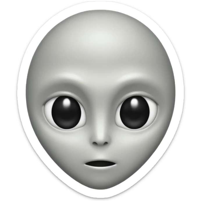 Grey alien head, almond-shaped black eyes, pale grey skin, cartoon emoji, no background sticker