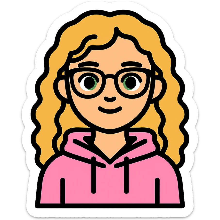 Edit the image to depict a girl with lighter skin, dark blonde wavy hair, green eyes, wearing a baby pink hoodie and brown glasses, with a friendly expression and no background. sticker