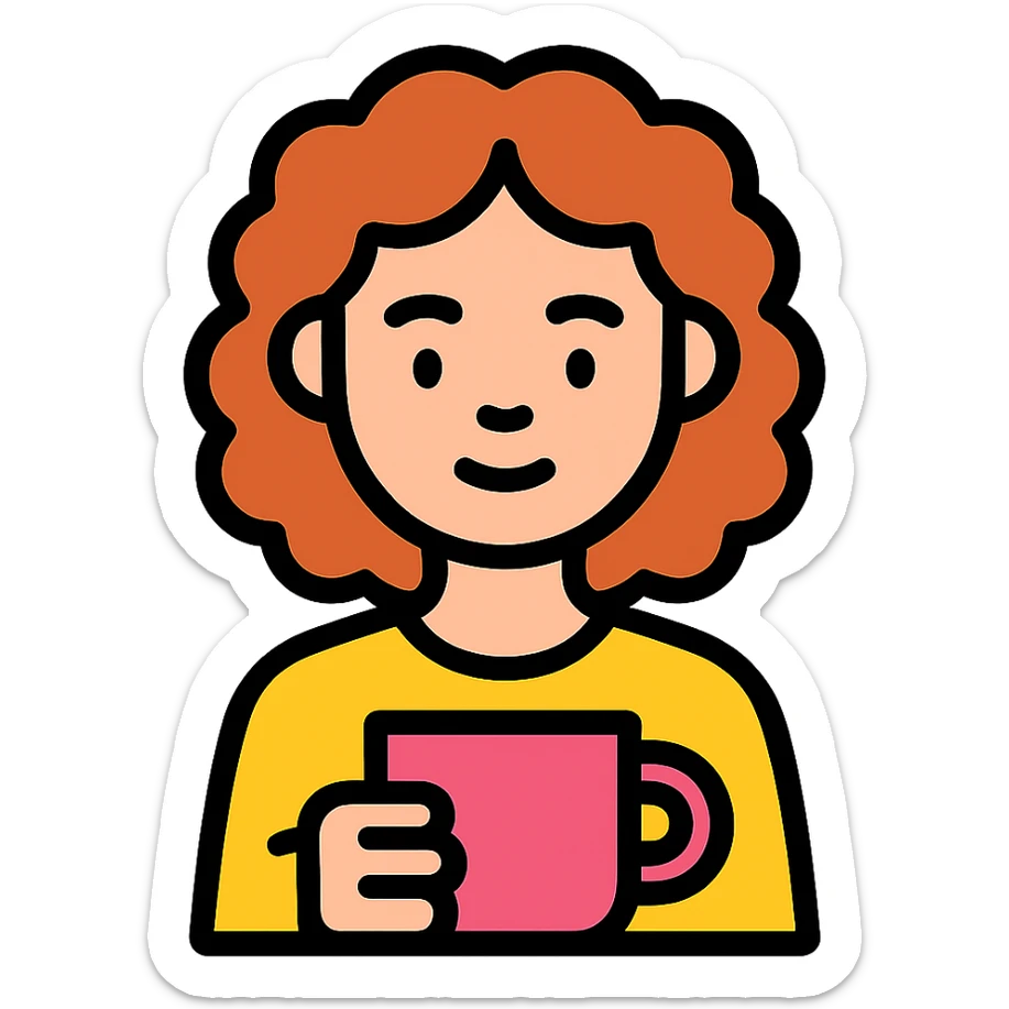 white girl with medium curly hair holding a coffee cup, color outline icon style, black lines with subtle color fill, friendly sticker