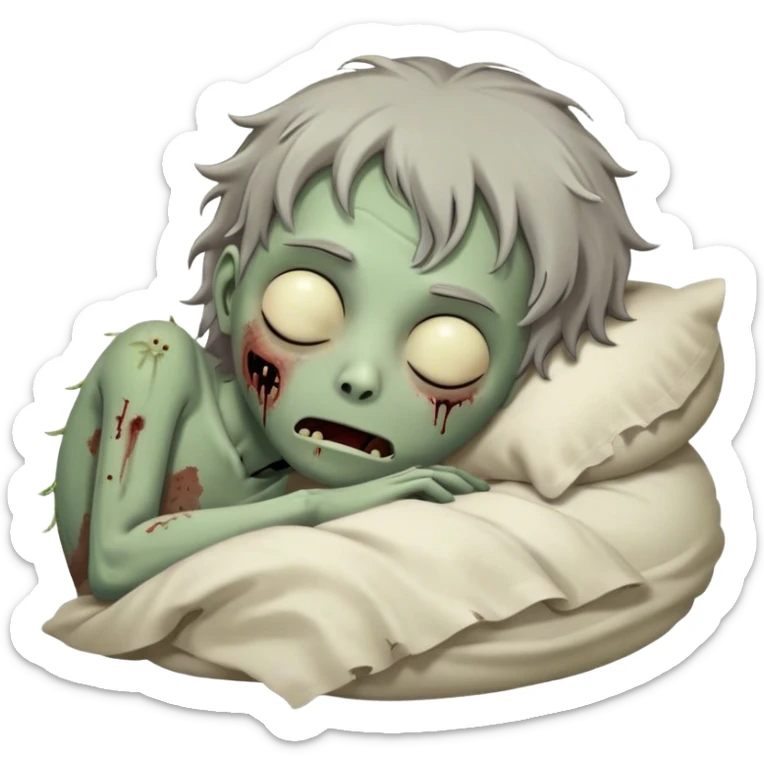 Meme-Worthy Cute Sleeping Zombie Portrait Emoji, with a delightfully quirky, slightly disheveled decaying face in soft ashen hues, head tilted back in peaceful, relaxed sleep with softly closed eyes and a tiny, endearing smile, simplified yet irresistibly charming, highly detailed with a soft eerie glowing outline that captures the gentle, unexpected cuteness of a zombie in serene repose! sticker