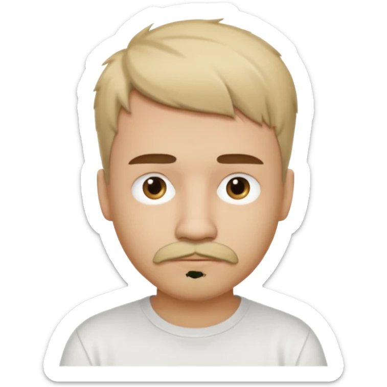 They have short, slightly messy hair with a defined straight fringe. They’re wearing a plain white t-shirt, partially covering their face. The person has a goatee and mustache, giving a stylized look to their facial hair.  sticker