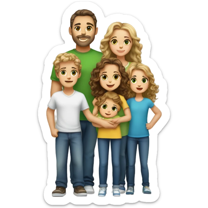 Family of 5:  Dad: Tall, brown hair/eyes, fair. Mom: Medium, blonde, green eyes, fair. Daughter 1: 3, long brown hair, brown eyes. Daughter 2: 2, curly blonde, blue eyes. Baby: 5 months, brown hair/eyes. sticker