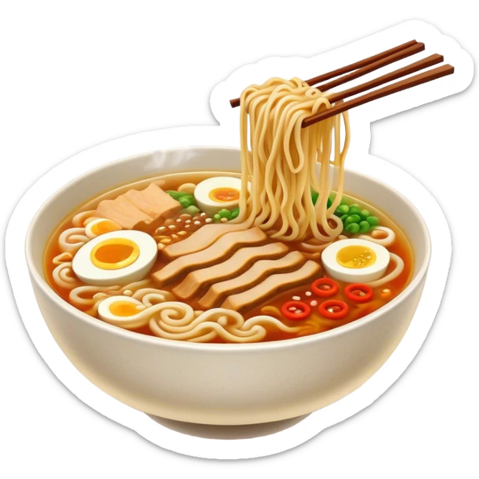 Cinematic Realistic Ramen Dish Emoji, showcasing a steaming bowl of rich broth with noodles and toppings rendered with dynamic textures and inviting, warm lighting. sticker