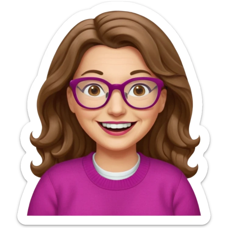 50 yr Caucasian woman, long brown hair parted on side, brown eyes, glasses, big smile, white teeth, fuscia sweater, chubby, wavy hair sticker