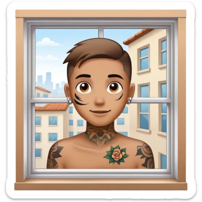 person with face tattoo looking out of window and opens shatters happy sticker
