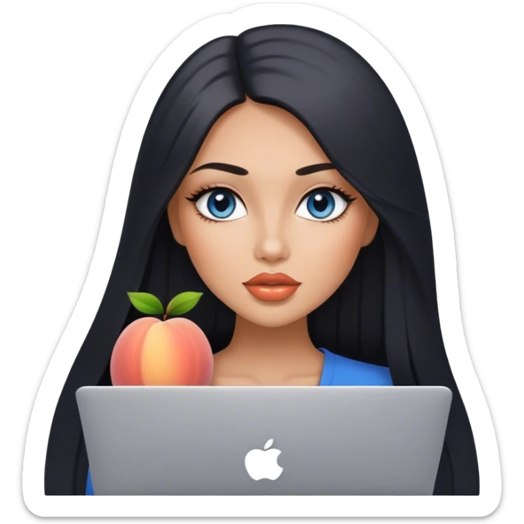 Glamours, tanned, very beautiful girl, with big pump peach lips, black straight smooth silky long hair, straight parting, blue-grey eyes, holding MacBook sticker