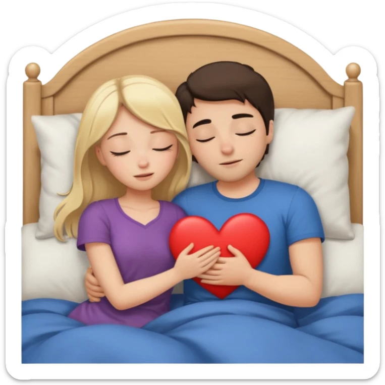 cuddling in bed, asleep. blonde girl. brunette man. eyes closed. heart between them. no headboard sticker