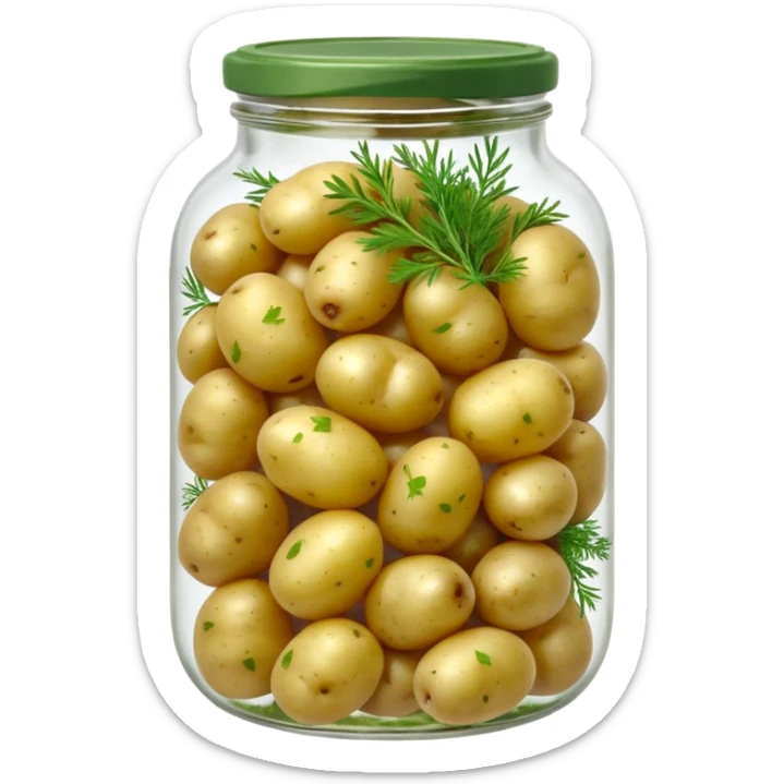 A round jar of small pickled potatoes with sprigs of dill floating inside.









 sticker