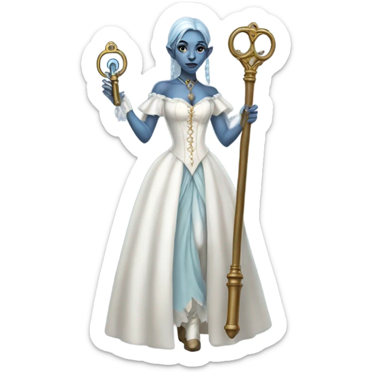 elf blue woman login holding a big key in white victorian dress, full body sticker