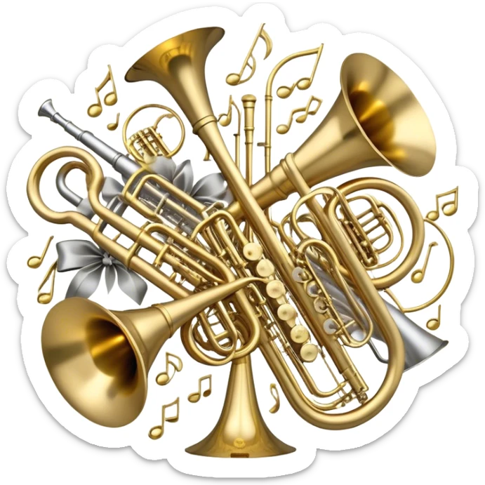 Create a festive and elegant emoji collage featuring a bouquet or fan of brass instrument bells (trumpets, saxophones, trombones, tubes, etc.) arranged in a radiant, symmetrical pattern. The instruments should have polished, golden and silver finishes, with their large, shiny bells forming a beautiful, fan-like display. Include a flowing ribbon of musical notes swirling through the center, conveying movement and melody. The background should feature a deep red velvet texture, adding a touch of luxury and sophistication. The overall composition should be balanced, with an elegant and regal feel, with a transparent background to keep focus on the instruments and musical elements. sticker