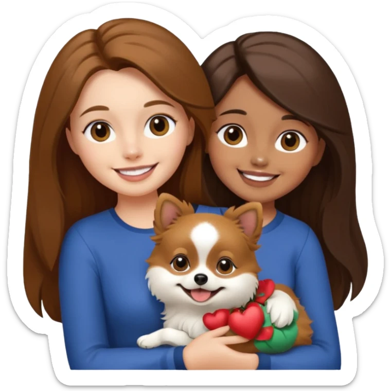 Create a high-quality emoji illustration of a woman with long brown hair, smiling, holding a small Pomeranian dog. The dog’s face is mostly black with a white line centered from the nose to the mouth. Minimalist emoji style, smooth lines, bright but natural colors.” sticker