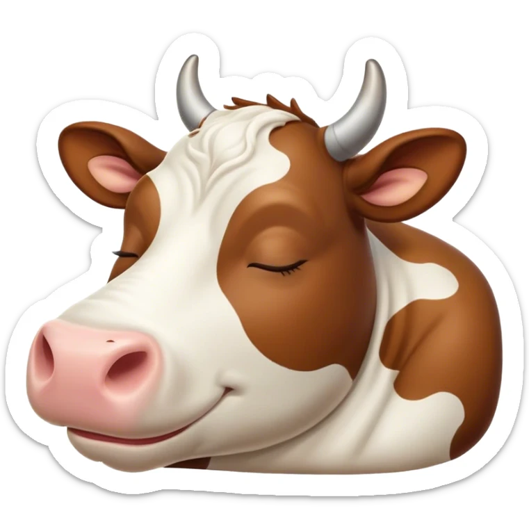 Meme-Worthy Cute Sleeping Brown and White Cow Portrait Emoji, Head resting peacefully with a contented smile, showcasing a robust build and a luxuriously soft patterned hide of brown and white, eyes shut in a serene, restful nap, Simplified yet hilariously adorable features, highly detailed, glowing with a soft, drowsy light, high shine, relaxed and utterly lovable, stylized with an air of playful laziness, bright and heartwarming, soft glowing outline, capturing the essence of a comically sleepy cow, so meme-worthy it feels like it could instantly become the next viral sensation of adorable slumber! sticker