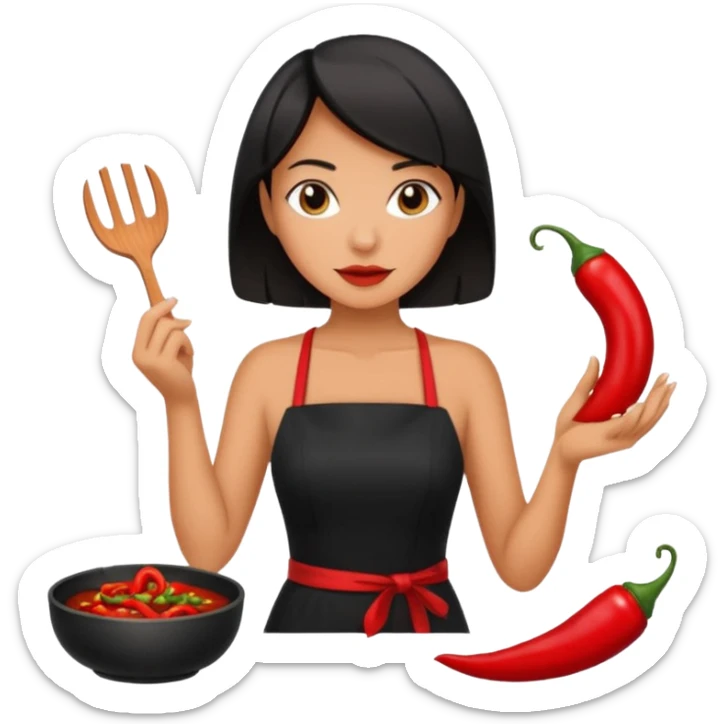 black short shoulder length hair tanned woman, black dress cooking, holding chili pepper sticker