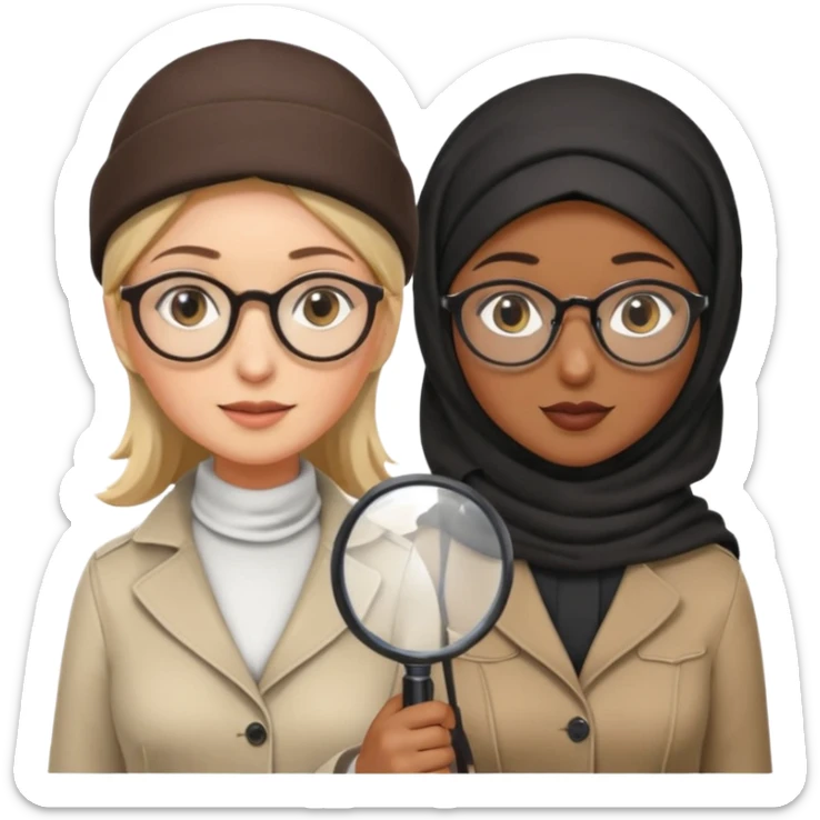 one white woman with hijab and glasses detective + one black woman without hijab and glasses detective  hand lens in one hand, hat etc sticker