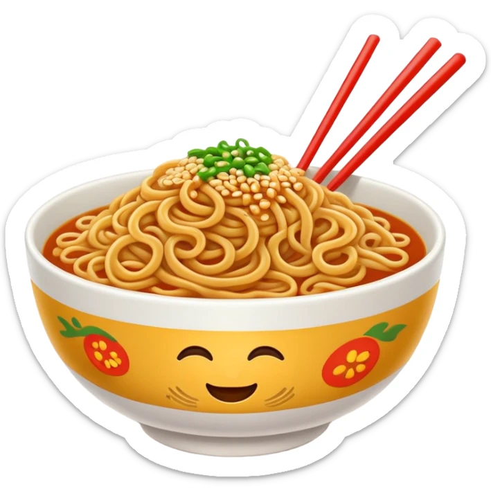 Wuhan hot dry noodles with sesame paste topping, simplified emoji style with bold outlines and bright colors, cartoon style unique breakfast noodles sticker
