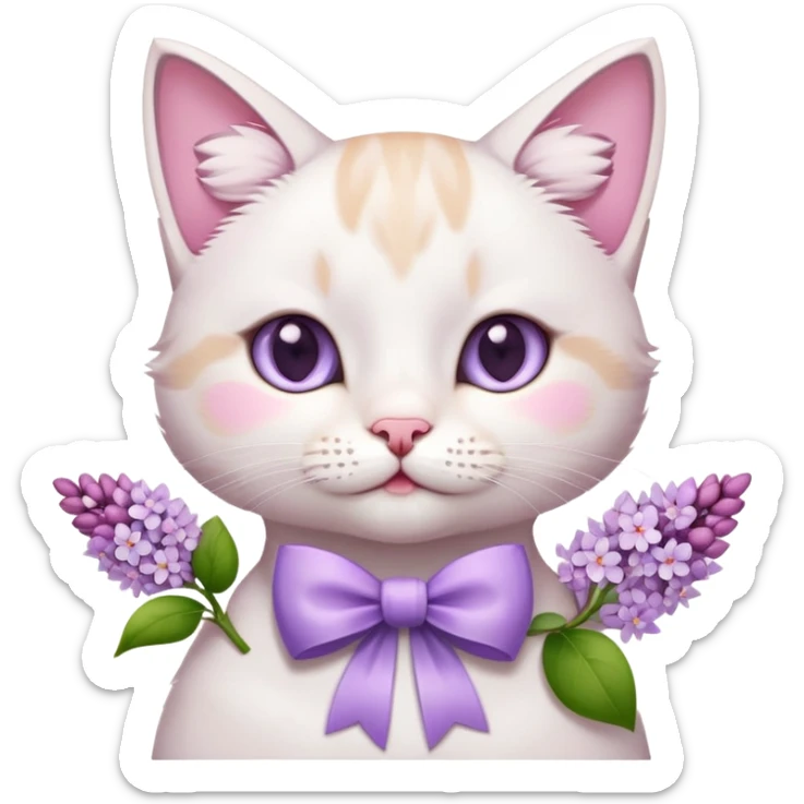 cute white and pink toned cat holding lilac flowers with a bow on its neck, emoji style sticker