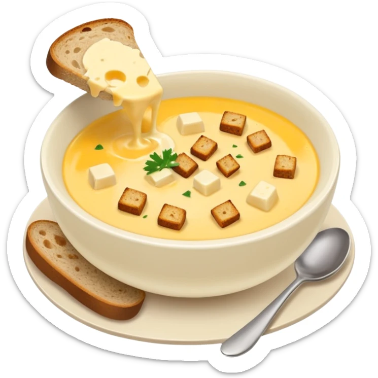 cheese soup with garlic, and cubes of dry dark bread in bowl sticker