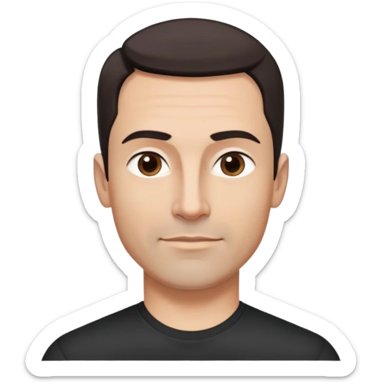 Attractive man in his 40s with youthful appearance, light brown skin, elongated face, defined jawline, medium dark eyes, arched eyebrows, straight nose, handsome friendly expression, short dark hair styled upward, athletic build, wearing a fitted black t-shirt sticker