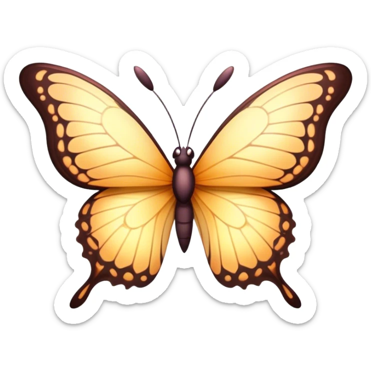 Cinematic Elegant Butterfly Portrait Emoji, Poised and ethereal, with delicate, intricately patterned wings in a kaleidoscope of soft, vibrant colors, a slender, graceful body, and gentle, observant eyes, Simplified yet exquisitely delicate features, highly detailed, glowing with a soft, radiant luminescence, high shine, intelligent and enchanting, stylized with an air of whimsical floral elegance, focused and poised, soft glowing outline, capturing the essence of a watchful butterfly that appears ready to flutter out of the screen with magical grace! sticker