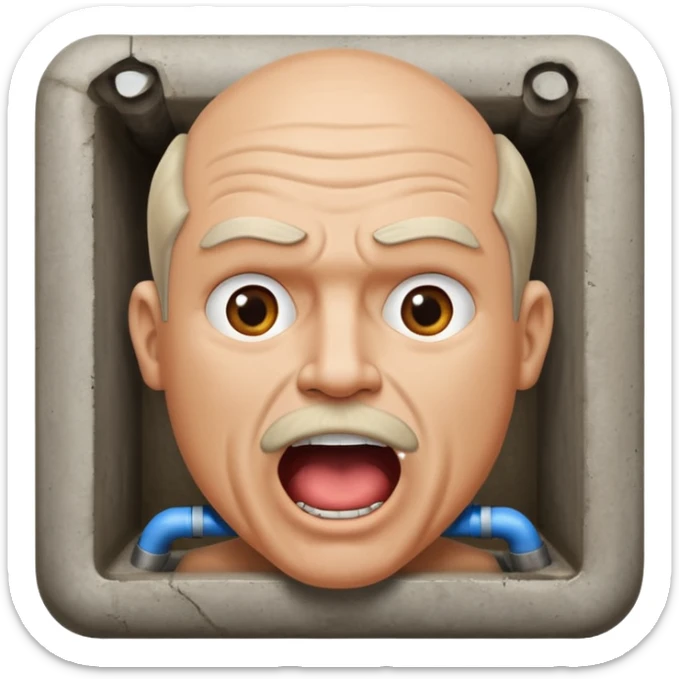 50 year old white male with an open mouth. No moustache—over his mouth is a square frame made of concrete connected to a drain pipe. He is proud and thinks his right, while being slightly angry because the joke is on him. sticker