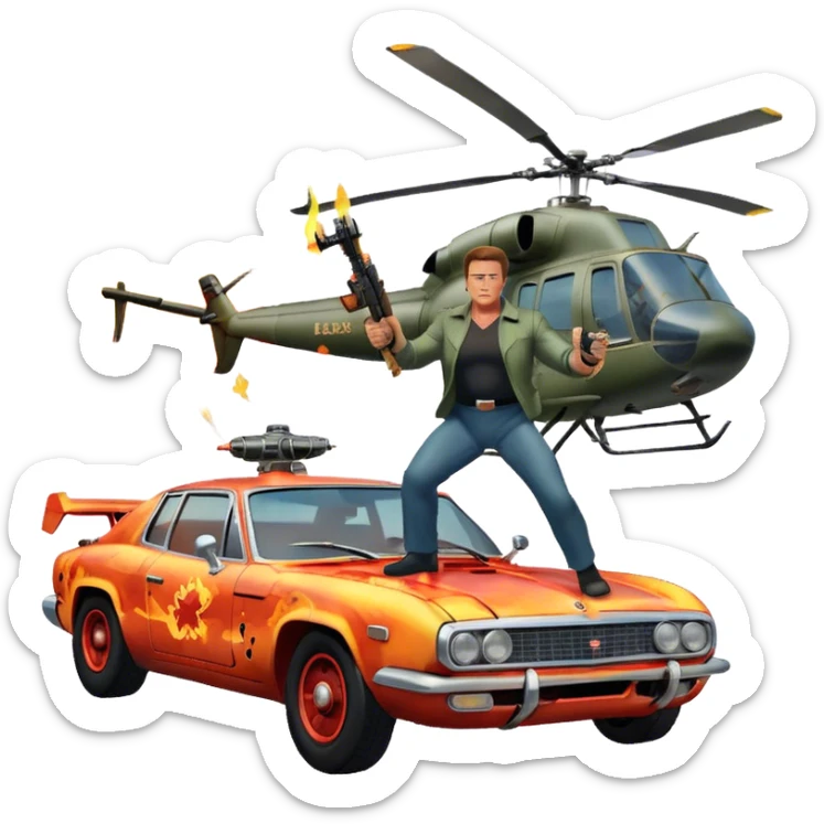 Icon for Action Movies: Arnold Schwarzenegger in the lead role, in an intense action pose with weapons, explosions, a car and helicopter flying out of flames in the background. The design should capture the explosive energy and heroism of classic action films. Transparent background. sticker