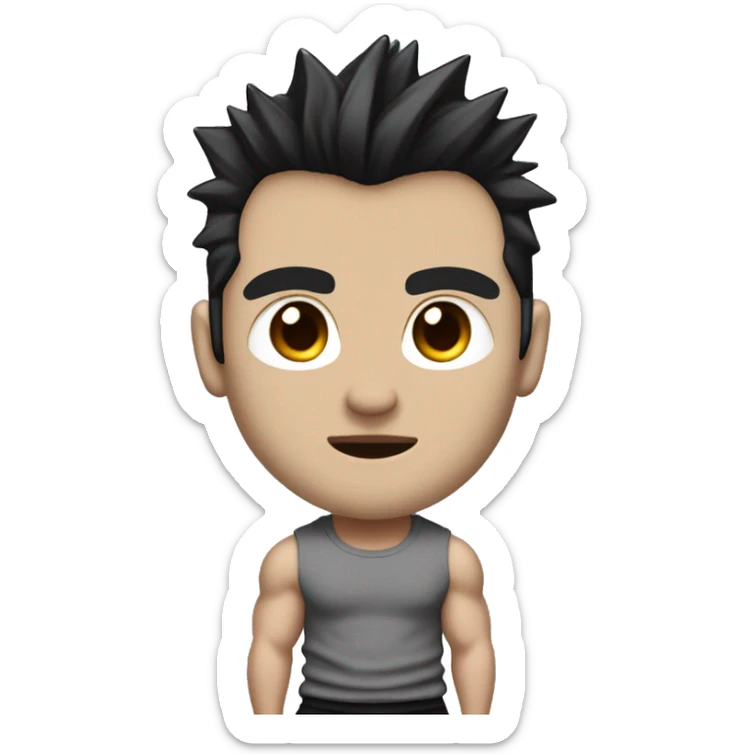 generate me an emoji that looks like a very bulky japanese bodybuilder with a scar on the left side of his lips, black spiky hair and eyes, a black slim fit  t-shirt and long baggy light grey japanese pants and black shoes sticker