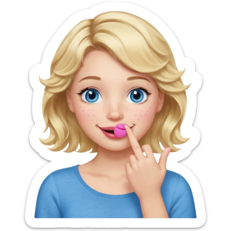 Girl Blonde short wavy hair,  blue eyes, cute blue top, long lashes, pink lips, smiling, hand over the mouth sticker
