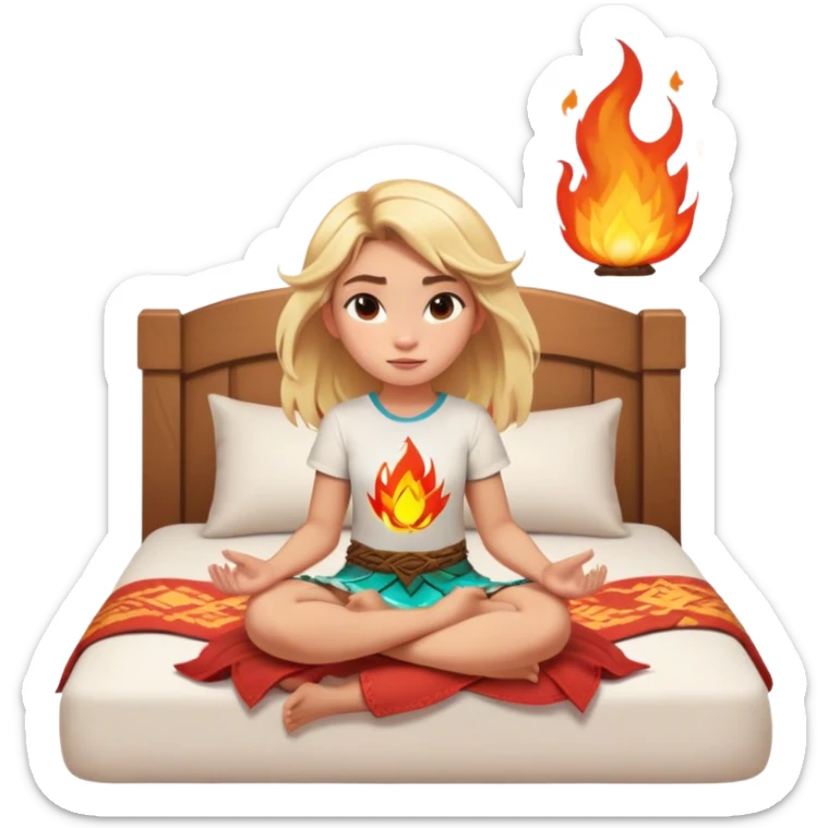 A girl their hair is floating and they have fire powers blonde hair and earth powers, and wearing a Moana shirt and they have superpowers and they are sitting on their bed sticker