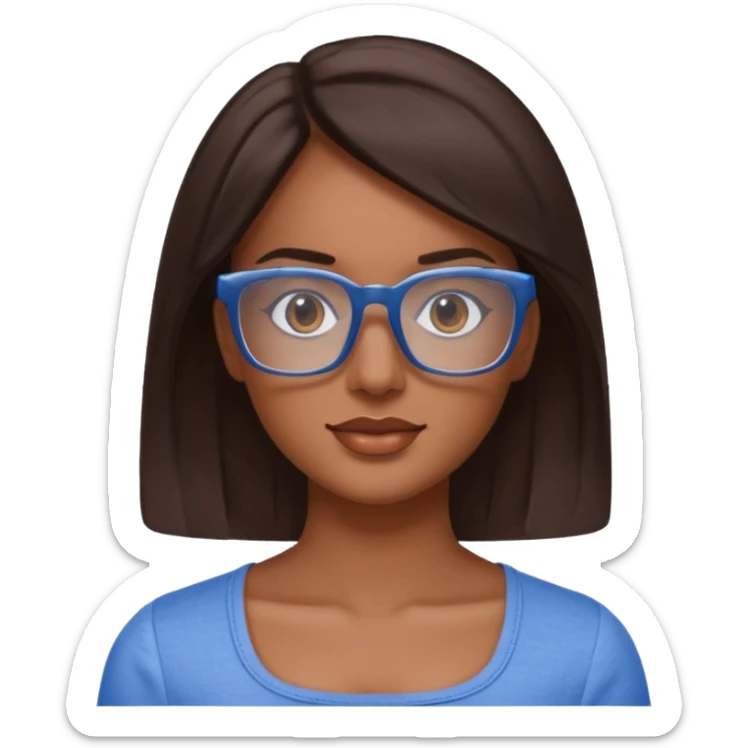 mujer de 30 años, cabello marron oscuro, anteojos cuadrados transparente, top celeste escote cuadrado sticker