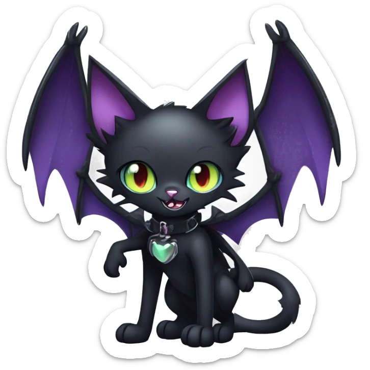   cool edgy kawaii anime-style ethereal dark-punk-themed animal vampiric cat-hybrid Fakemon with fangs and bat-wing-ears with a collar full body sticker