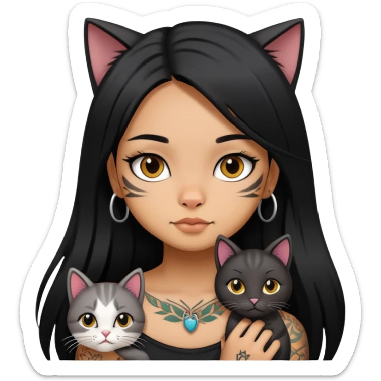 girl with long black  straight hair and tattoos and cute cat sticker