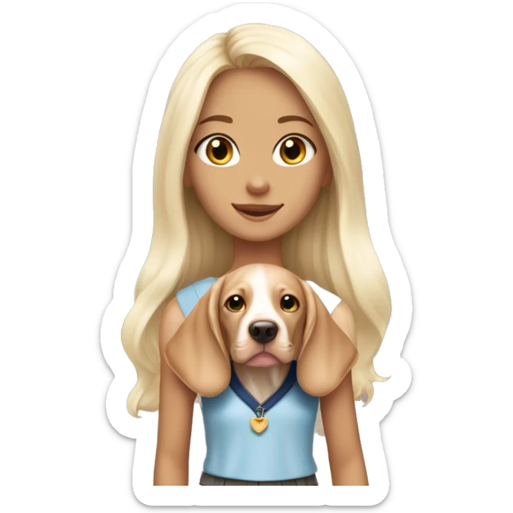 Pretty tan skinned girl with long white blonde hair wearing a preppy outfit with a cute vizsla puppy  sticker