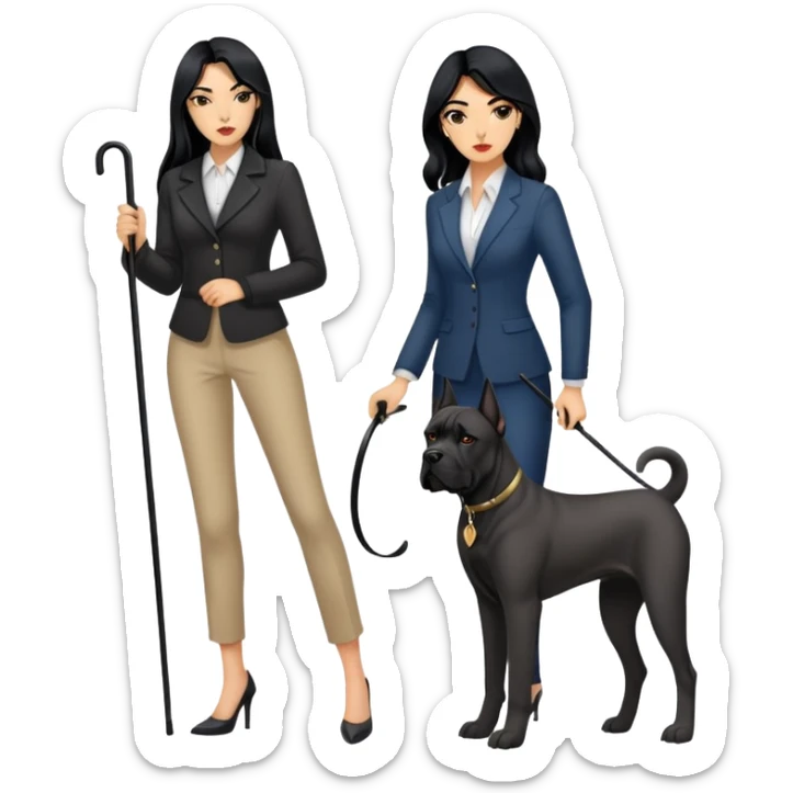 Stylish woman with long black hair and a black Cane Corso dog with cropped ears sticker