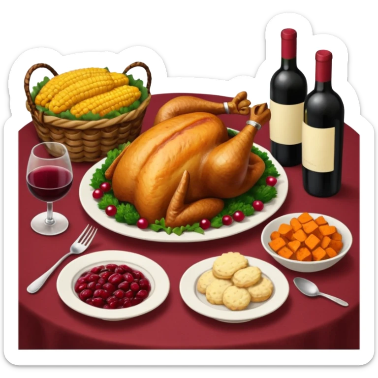 Thanksgiving Dinner with friends of all different races; have the food be a cooked turkey, mashed potatoes, corn, a basket of biscuits, a small bowl of cranberry sauce, baked yams, steamed vegetables, and a bottle of wine. sticker