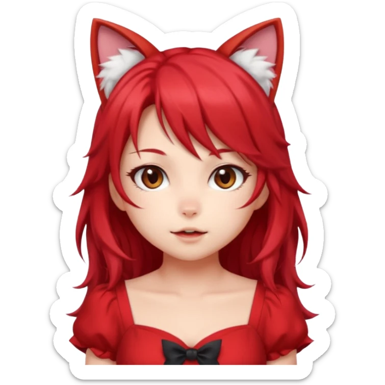 cute anime cat-girl with cat ears, red blowing hair sticker