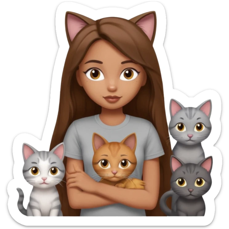 a pretty bratz dusky girl with long brown hair with six cats nd wearing a grey tshirt sticker